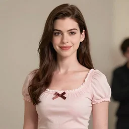 high quality anime-style digital artpiece of anne hathaway, wearing a cute top, trending, top rated
