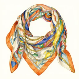 illustrated scarf in the style of hermes, colorful ribbons, gold chains, surreal, abstract, colorful, detailed art by kay nielsen and walter crane, illustration style, watercolor