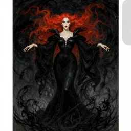 style of arthur rackham, artgerm, jeremy lipking : : gorgeous mary elizabeth winstead : : evil sorceress, swirling black magic, black dress : : symmetrical face, symmetrical eyes : : full body pose : : gorgeous red hair : : cinematic lighting : :