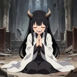 cute japanese girl with small horns, sharp and pointy vampire teeth, dressed in an old white coat, praying on the floor of a destroyed church, with her eyes and mouth closed and an evil smile, full body, detailed artwork by Takehito Harada