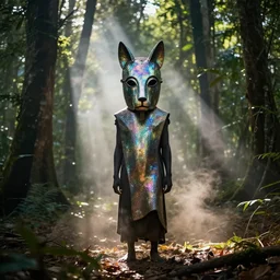 wraith pagan wearing iridescent metallic dogon tribal mask standing in a clearing in the deep forest, rays of the sun, caustics, realistic, photography, photojournalism, national geographic photoshoot, inner glow, shimmer, sparkle, smoke, dust,