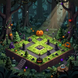evil forest halloween themed isometric game level, stylized, toon shader, arnold maya render, artstation