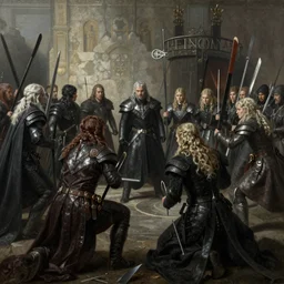 game of thrones battle scene, cinematic, hyperdetailed painting, beautiful by john william waterhouse, 8 k