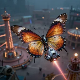 promotional still, high angle, a ( robotic butterfly ) ( metal wings ) ( flying spaceship ), slightly glowy, flying over desolate amusement park, firing lasers, ultrarealistic, bokeh, detailed, hq 8 k 4 k, dramatic lighting, frightening, imax 7 0 mm, reminiscent of et extraterrestrial edward scissorhands.