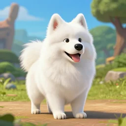 a samoyed dog in style of a crash bandicoot character