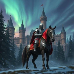 knight crusader mounted in a horser standing in frontal of a castle, castle realistic, electricity armor and helmet, big forest world fantasy, sky northern lights, realistic artstation
