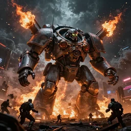 giant imperial dreadnoughts scorch the sky at war at night, high octane warhammer military action, dramatic clouds, storm, smoke, fire, chaos, photo realistic, 8k, artstation, Blade runner, neon signs in the distance, dark, cinematic, high contrast, epic