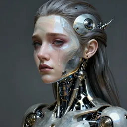 beautiful crying female android! deity, ( mechanical ), intricate, elegant, super highly detailed, digital painting, concept art, smooth, sharp focus, photorealism, hd, 8 k, beautiful, cinematic, art by angus mckie and kuciara and moebius! and rutkowski and mucha and loish and wlop