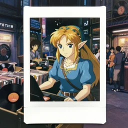 a full body polaroid portrait of a disney's 1 9 8 0's zelda working at a vinyl stall, finely detailed, closeup at the faces, busy cyberpunk city, gapmoe yandere grimdark, trending on pixiv fanbox, painted by makoto shinkai takashi takeuchi studio ghibli!, akihiko yoshida, pixar