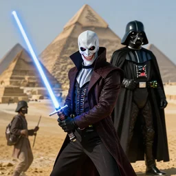 morbius. morbius!!!!!!!!!! morbius. morbius holding a lightsaber. and darth vader, pyramids in background.