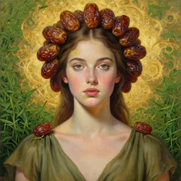 epic painting, upper body portrait of beautiful goddess in olive blouse with with sweet dried dates fruits, medjool dates, dried dates around head,, green tea leaves background, golden glow background, drawing, photography by amy leibowitz, wlop, jeremy lipkin, beeple, intricate golden fractals, brown hair, symmetrical front portrait, artgerm