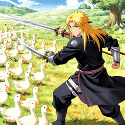 scene from a manga by Masashi Kishimoto showing geralt of rivia fighting an army of ducks