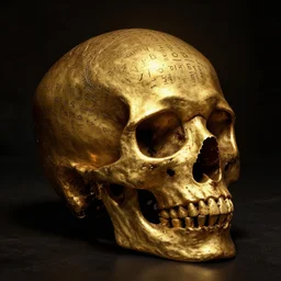 chiaroscuro baroque still life octane render of a ray of god light shining on golden skull with head completely covered in engraved ancient runic inscriptions prophecies, spells, dark ominous background.