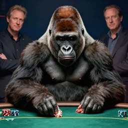 a highly detailed beautiful portrait of a gorilla playing poker, by gregory manchess, james gurney, james jean
