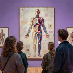 a beautiful glitched painting by robert proch of people looking at an anatomy study of the human nervous system in a museum gallery, color bleeding, pixel sorting, copper oxide and rust materials, brushstrokes by jeremy mann, cold top lighting, textured palette knife pastel purple background
