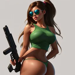 a league of legends concept art of a beautiful curvy girl with an athletic feminine body in a green tank top holding a gun, art by cushart krentz and greg rutkowski, long hair, tanned body, aviator classic sunglasses, fantasy style, empty background, illustration, hyperrealism, octane render, commission art, trending on artstation, pinterest