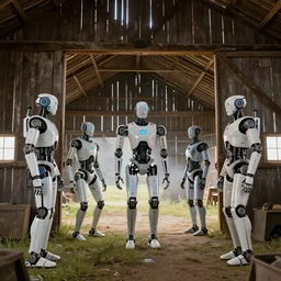 cybernetic robots emerging through an interdimensional portal in a rustic mid-western barn, futuristic, realism, octane, 4k