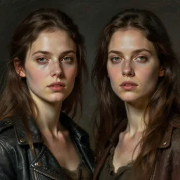 frontal portrait of female adult twins in the apocalypse, by donato giancola.