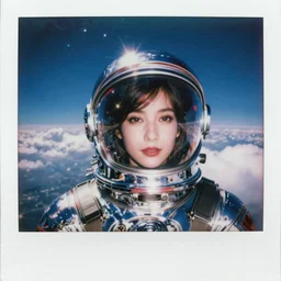 analog polaroid portrait of a woman wearing a chrome space helmet, Hajime Sorayama, sheen, red reflections, unreal engine, azure sky, big clouds visible, sunlight, reflection, sparkles, space, stars, nebula, lensflare, film grain, depth of field, color bleed