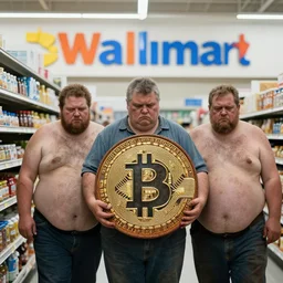 obese americans at wal - mart, decrepit old fat people holding a giant bitcoin of rust, depressive realism dystopia