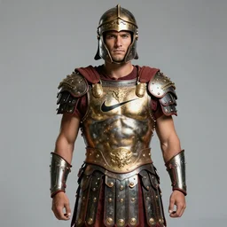 an ancient greek warrior with sponsorship branding for nike on his armor. high quality studio photograph