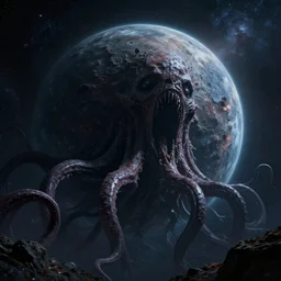 dark eldritch planet in space, horror, tentacles, screaming monster, realistic, beautiful texture, beautiful graphics, fantasy artwork, very beautiful scenery, hd, hdr, ue 5, ue 6, unreal engine 5, cinematic 4 k wallpaper, 8 k, ultra detailed, by popular digital, details, beautiful image ever created, high resolution, artstation
