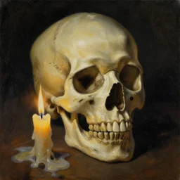 oil painting close - up portrait of a hopeless skull melting like a candle, candle lightning, by goya, dark background