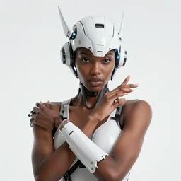 beautiful centered fine art photo portrait of beautiful black girl with white solarpunk mecha humanoid head parts with led lights, sensual pose gesture, white background, ultra - realistic and intricate, soft box lighting, shallow depth of field hdr 8 k