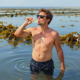 Digital painting of a smith wearing sunglasses takes a sip of wine while wading through the water next to a seaweed farm
