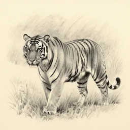 pencil sketch of a tiger in a field.