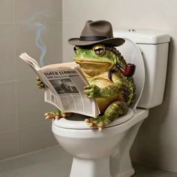 a toad on the toilet reads a newspaper in a hat and smokes a pipe 4 k full nd, hyperrealism