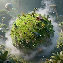 a spherical shoe, beautiful wonderland, smoke - filled ， green hill, many interstellar plants, there is a camp next to it dinosaur and man dance together, futuristic concept design, airscape, high detail render by octane, unreal engine, 8 k, cinematic