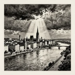 a city by the river, drawing by m. c. escher