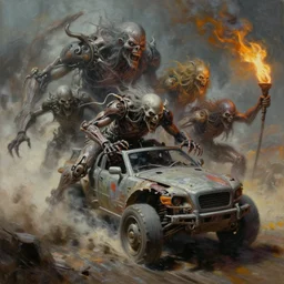 oil paint autolysis idols, terrifying, tick vehicle wearing abandoned new gods, machine blur speed battle pit, by wayne d barlowe, boris vallejo, stefano tamburini, torch light, muted colors, epic, hyper detailed, awe inspiring, award winning horror, hyper realism, cinematic