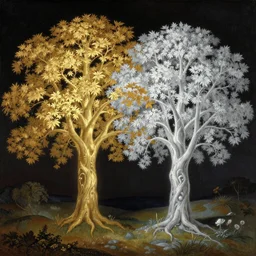 painting by John Howe of the two trees of valinor, one of them glowing gold, the other one silver