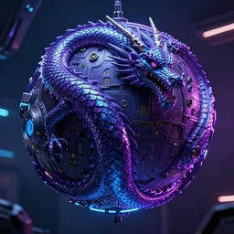 a photo of 8k ultra realistic sphere spaceship covered in dragon scales, purple and blue neon, cinematic lighting, trending on artstation, 4k, hyperrealistic, focused, extreme details, unreal engine 5, cinematic, masterpiece