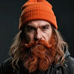A bearded wizard with an orange beanie, dramatic, cinematic, (EOS 5DS R, ISO100, f/8, 1/125, 84mm, postprocessed, crisp face, facial features)