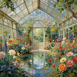 a beautifull intricate greenhouse with many flowers, reflexions, verry high details, colorfull, by william turner art, greg rutkowski and alphonse mucha, trending on artstation, very very detailed, masterpiece,