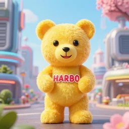 portrait of haribo bear in future city, color and shape focus, central composition, natural light, bloom