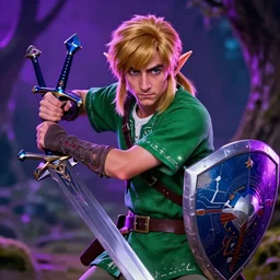Timothee Chalamet starring as Link from Legend of Zelda, movie scene, elf ears, long blonde hair, +++ super super super dynamic posing, thick eyebrows, super serious facial expression, holding a sword & shield, ocarina of time movie, concept photos, dynamic lighting, dynamic shaders, purple light, in the forest