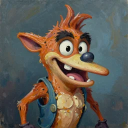 gritty portrait of Crash Bandicoot, mad expression, oil canvas, expressionist style