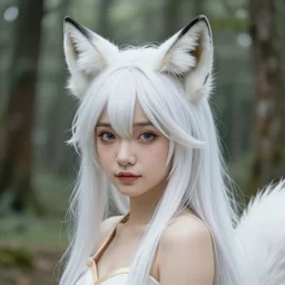 portrait of a cute anime foxgirl in a forest, long white hair, white fox ears, detailed face, perfect composition, trending on artstation, art by Krenz Cushart and Ross Tran and Yuumei