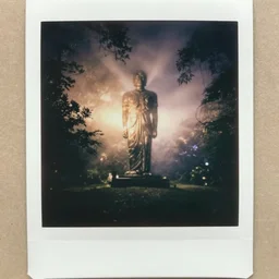 a massive statue in a forest clearing reaching into the fog, night, old polaroid, expired film, megalophobia,
