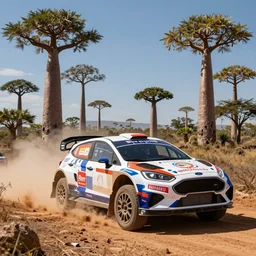 wrc rally - a futuristic suv designed by ford driving through madagascar with baobabs trees, artgerm and greg rutkowski and alphonse mucha, an epic fantasy, volumetric light, detailed, establishing shot, an epic fantasy, trending on art station, octane render, midsommar