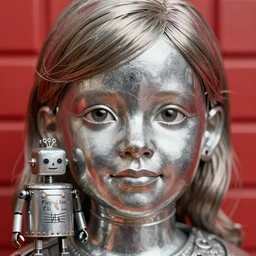closeup face portrait of a tin toy young girl with a tin toy robot marriage portrait, nicoletta ceccoli, mark ryden, lostfish, max fleischer, depth of field, detailed and intricate red square environment, 8 k resolution, hyperrealistic, octane render