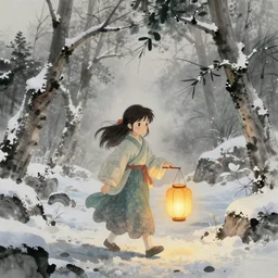 beautiful scene render of a girl is walking in the snow with a lantern, chinese ink painting style, unreal engine, global illumination, radiant light, detailed and intricate environment, trending onstudio ghibli, 8 k