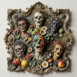 zombie, punk rock, the damned, multicolored faces, fruit and flowers, botanical, vanitas, sculptural, baroque, rococo, intricate detail, spiral, ornamental, photocopied, crude, ugly