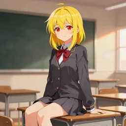 advanced digital anime art, female teen with red eyes and blonde / yellow hair that is to neck length wearing a dark grey school outfit sitting on the teachers desk in a classroom at sunset. drawn by Shikamimi, WLOP,rossdraws