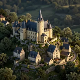 houses on a hill in the dordogne in france, intricate details, by vincent di fate, artgerm, smooth gradients, octane render, 8 k, volumetric lightning, high contrast, depth of field, bird's eye view