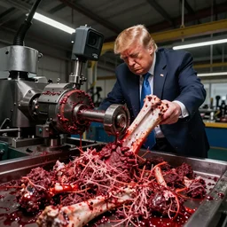 gopro footage of trump getting mangled by a lathe machine in a factory, blood and bone, ground meat